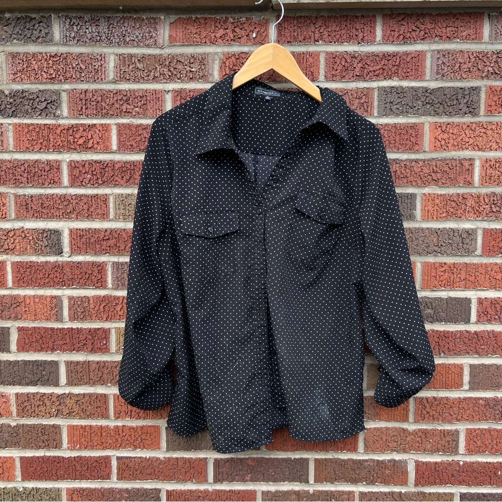 Elementz Black and White Dotted Collared Button Down Blouse Shirt Top